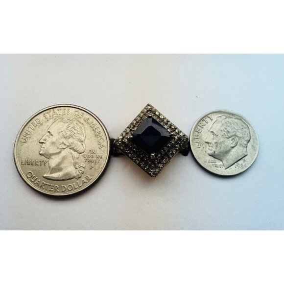 Estate Two-Tone Sterling Silver Blue Gemstone CZ Halo Statement Ring 6.5 925 - Picture 9 of 10